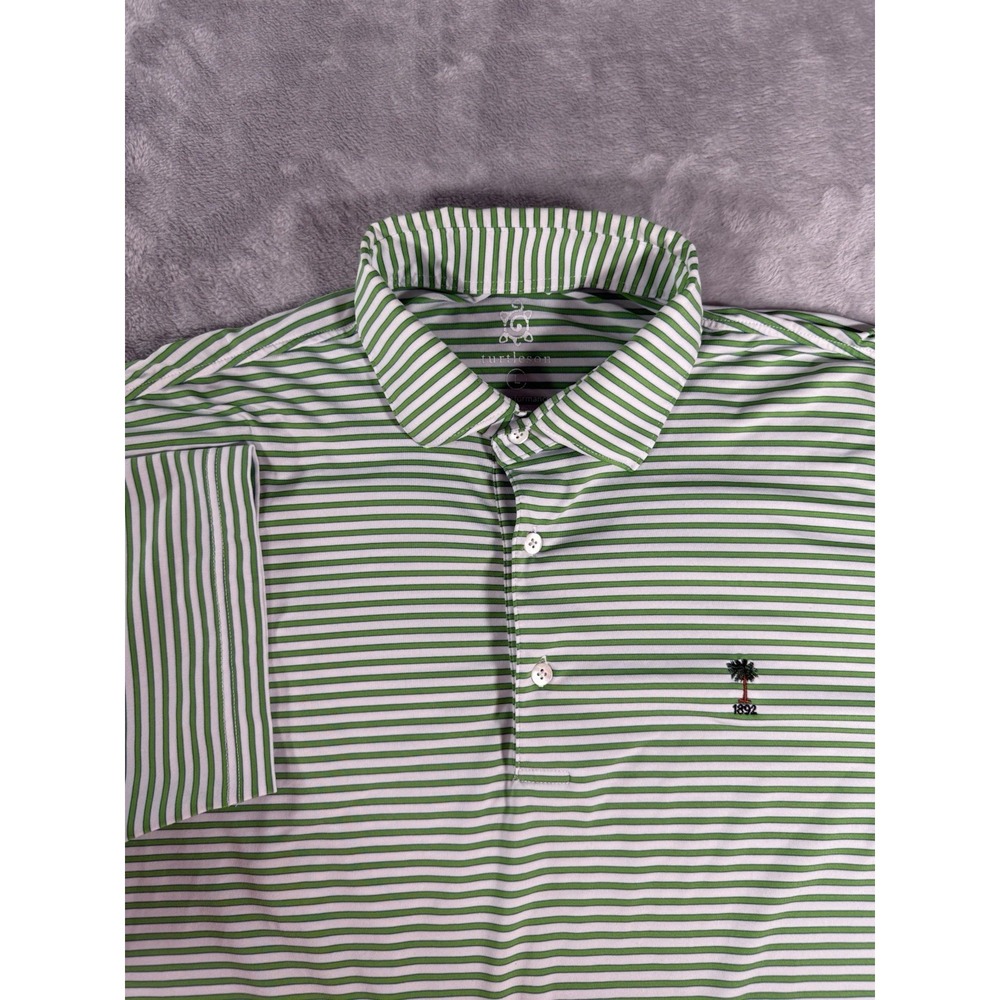 Turtleson Shirt Mens Large Green White Striped Tour Performance‎ Polo Logo